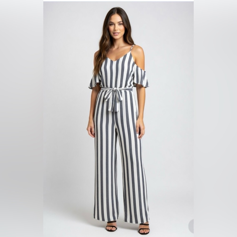 A Calin by Flying Tomato Striped Jumpsuit Cold Shoulder Ruffle Wide Leg Small